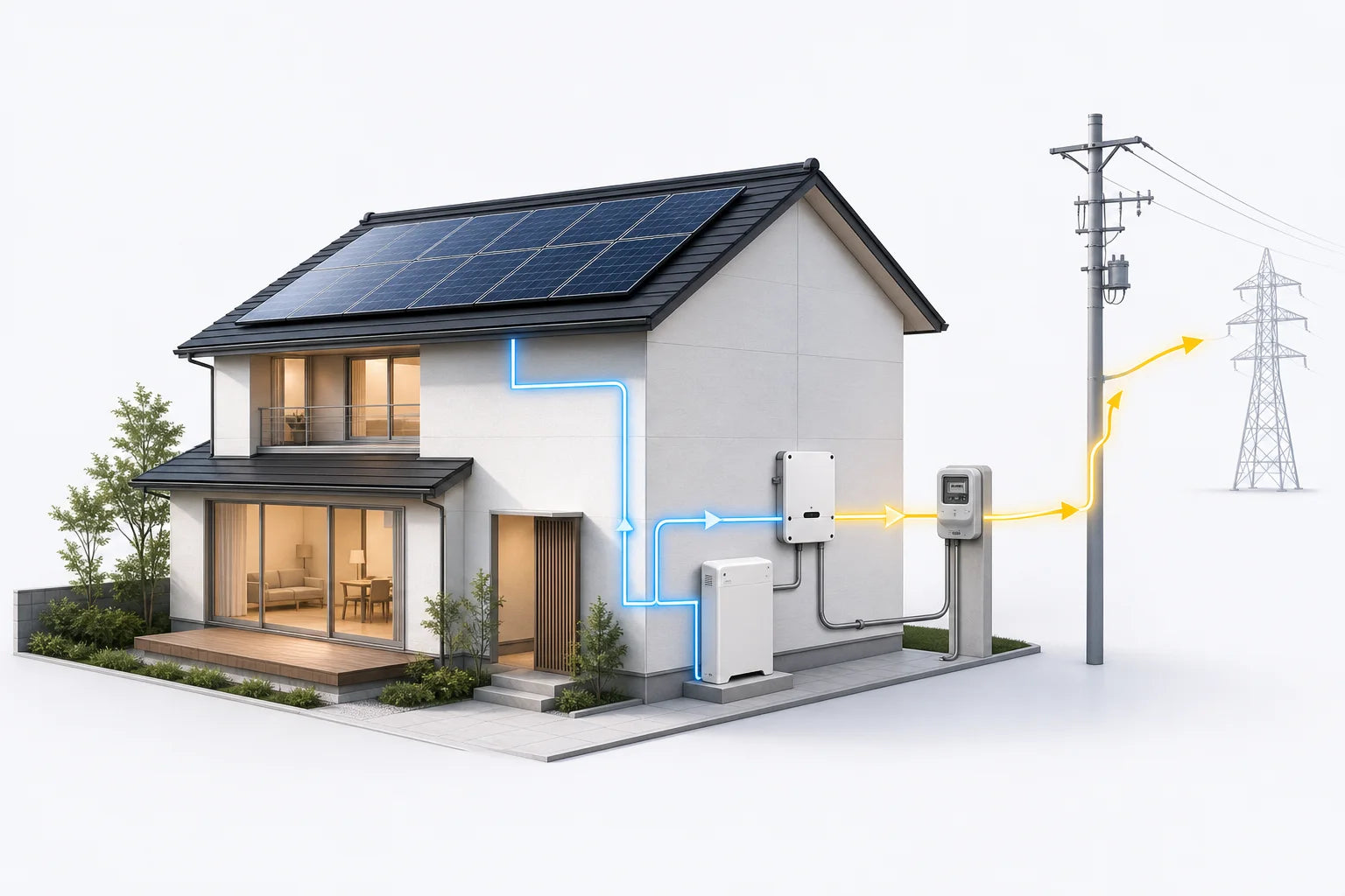 住宅、太陽光発電、電力系統の接続条件を表したイメージ