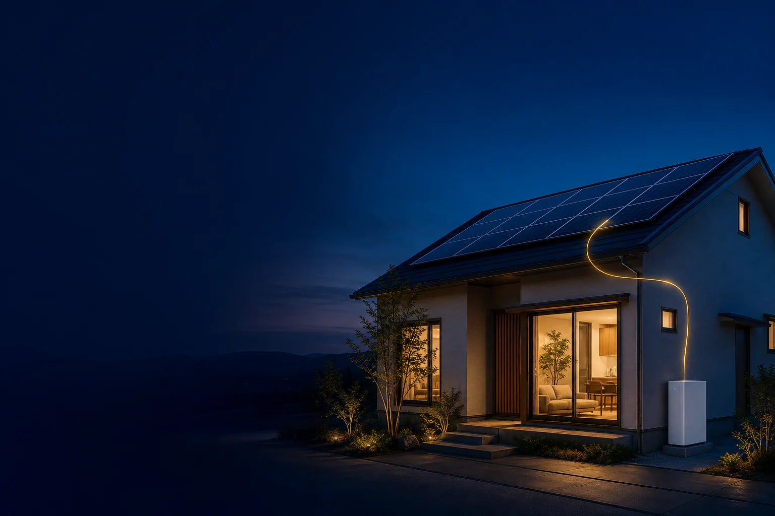 太陽光発電のある住宅と蓄電池の夕景イメージ