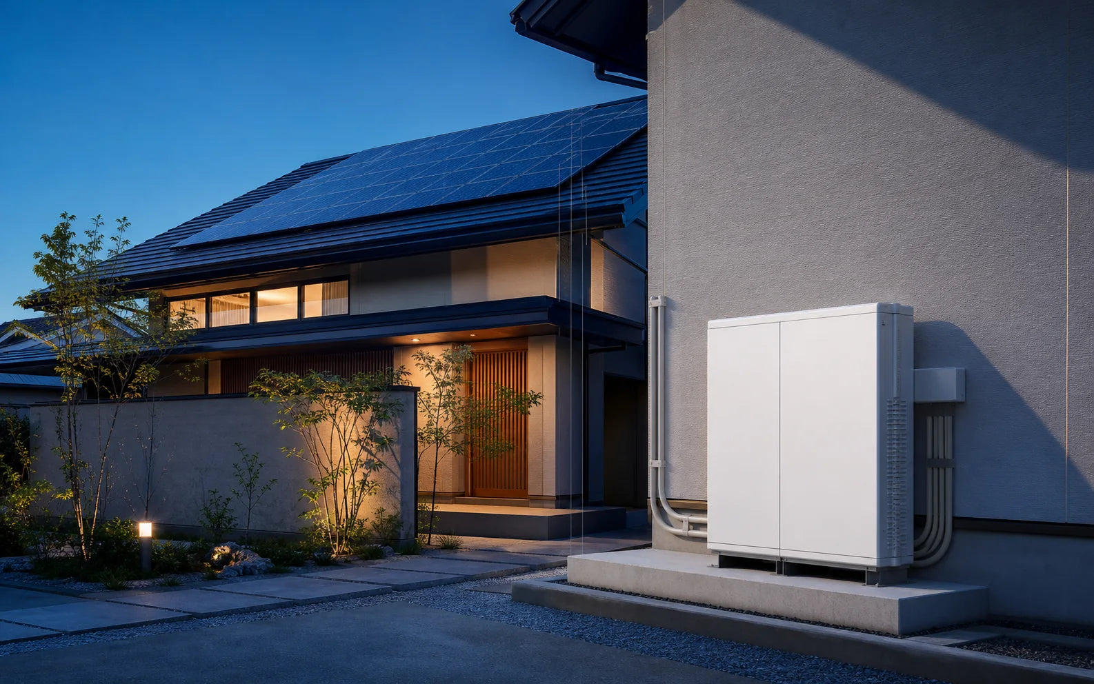 太陽光パネルのある住宅と屋外用蓄電池の設置環境イメージ